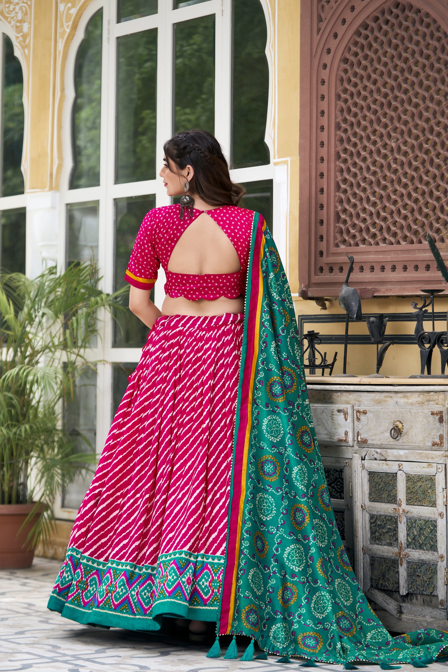 EXQUISITE LEHERIYA PRINT TUSSAR SILK LEHENGA CHOLI WITH BANDHANI DUPATTA