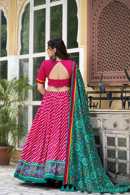 EXQUISITE LEHERIYA PRINT TUSSAR SILK LEHENGA CHOLI WITH BANDHANI DUPATTA