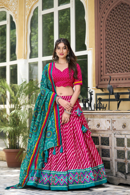 EXQUISITE LEHERIYA PRINT TUSSAR SILK LEHENGA CHOLI WITH BANDHANI DUPATTA