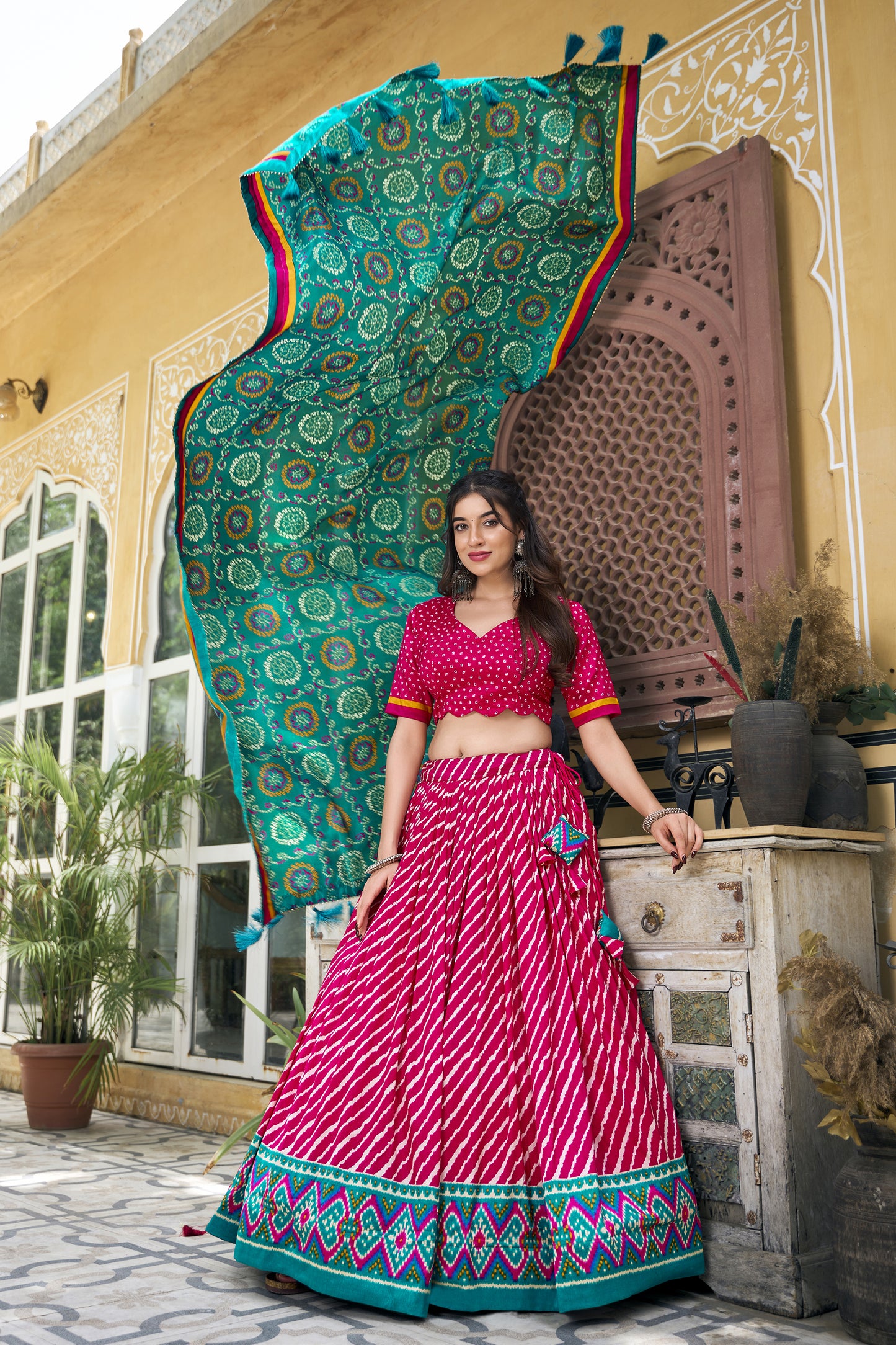 EXQUISITE LEHERIYA PRINT TUSSAR SILK LEHENGA CHOLI WITH BANDHANI DUPATTA