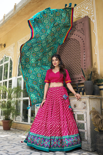 EXQUISITE LEHERIYA PRINT TUSSAR SILK LEHENGA CHOLI WITH BANDHANI DUPATTA