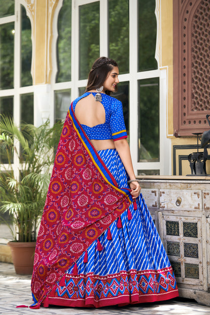 EXQUISITE LEHERIYA PRINT TUSSAR SILK LEHENGA CHOLI WITH BANDHANI DUPATTA