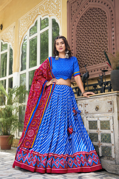 EXQUISITE LEHERIYA PRINT TUSSAR SILK LEHENGA CHOLI WITH BANDHANI DUPATTA