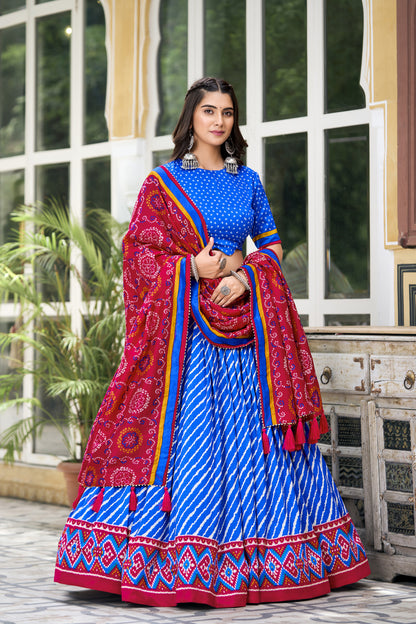 EXQUISITE LEHERIYA PRINT TUSSAR SILK LEHENGA CHOLI WITH BANDHANI DUPATTA