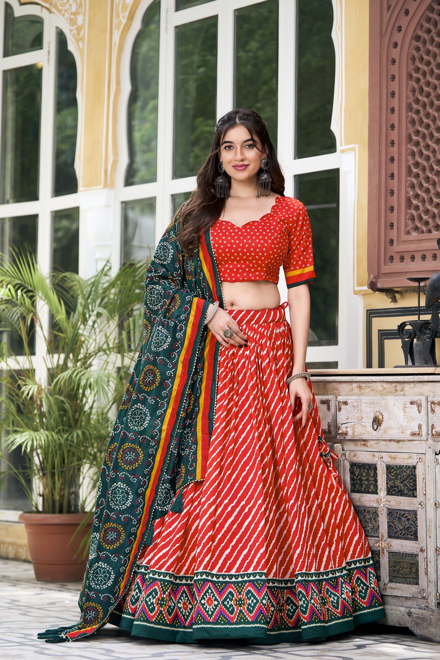 EXQUISITE LEHERIYA PRINT TUSSAR SILK LEHENGA CHOLI WITH BANDHANI DUPATTA