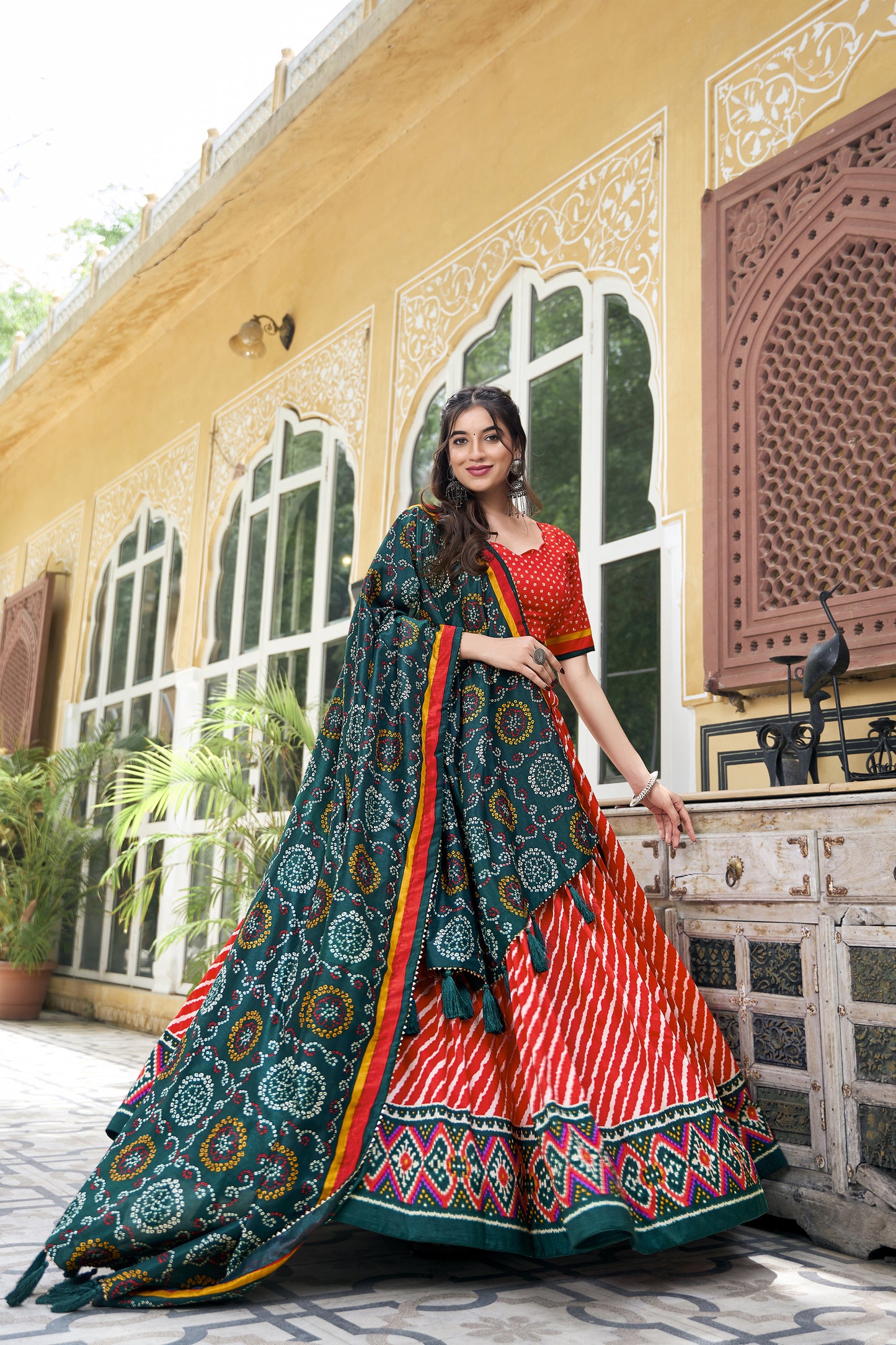 EXQUISITE LEHERIYA PRINT TUSSAR SILK LEHENGA CHOLI WITH BANDHANI DUPATTA