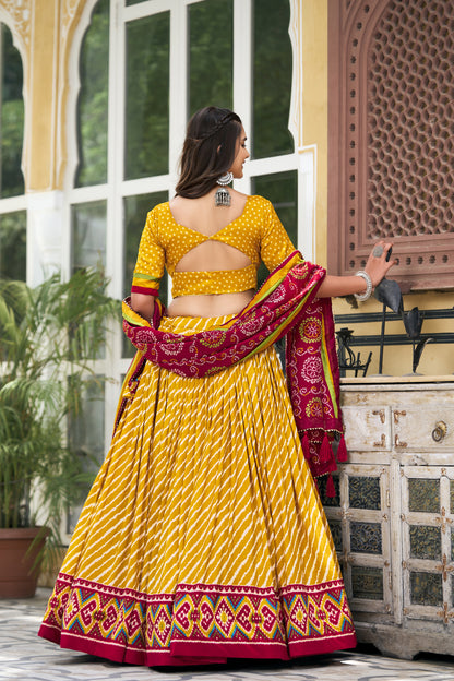 EXQUISITE LEHERIYA PRINT TUSSAR SILK LEHENGA CHOLI WITH BANDHANI DUPATTA