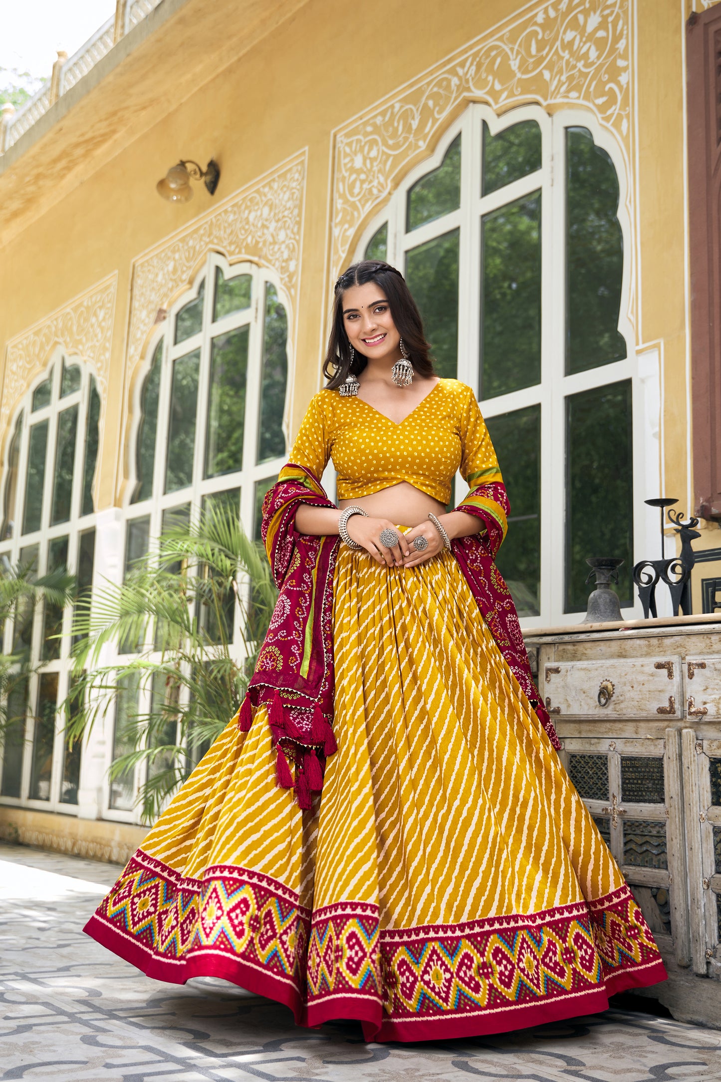 EXQUISITE LEHERIYA PRINT TUSSAR SILK LEHENGA CHOLI WITH BANDHANI DUPATTA