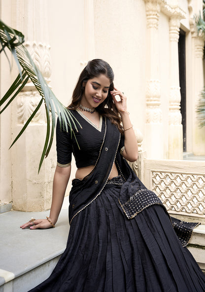 PURE CHANDERI LEHENGA WITH ZARI WORK BORDER & SEQUIN DUPATTA