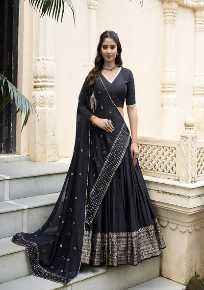 PURE CHANDERI LEHENGA WITH ZARI WORK BORDER & SEQUIN DUPATTA