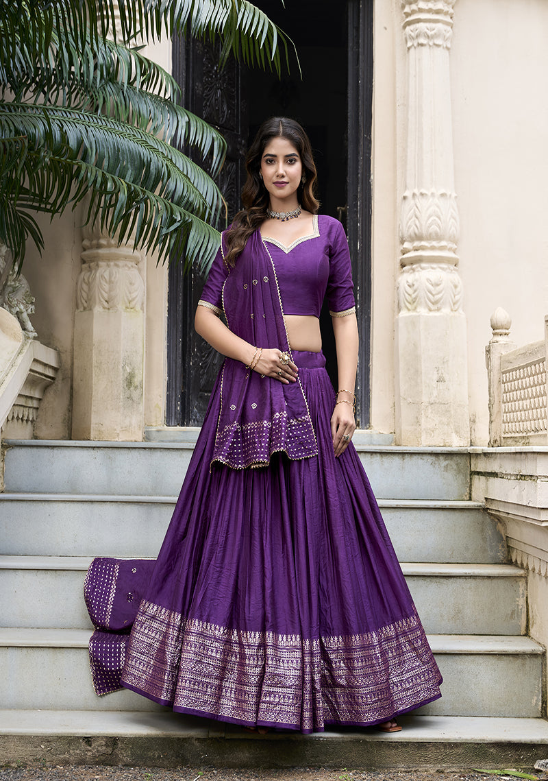 PURE CHANDERI LEHENGA WITH ZARI WORK BORDER & SEQUIN DUPATTA