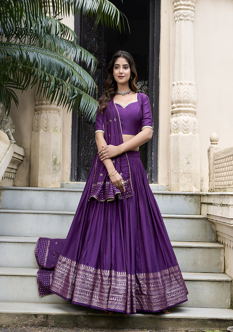 PURE CHANDERI LEHENGA WITH ZARI WORK BORDER & SEQUIN DUPATTA