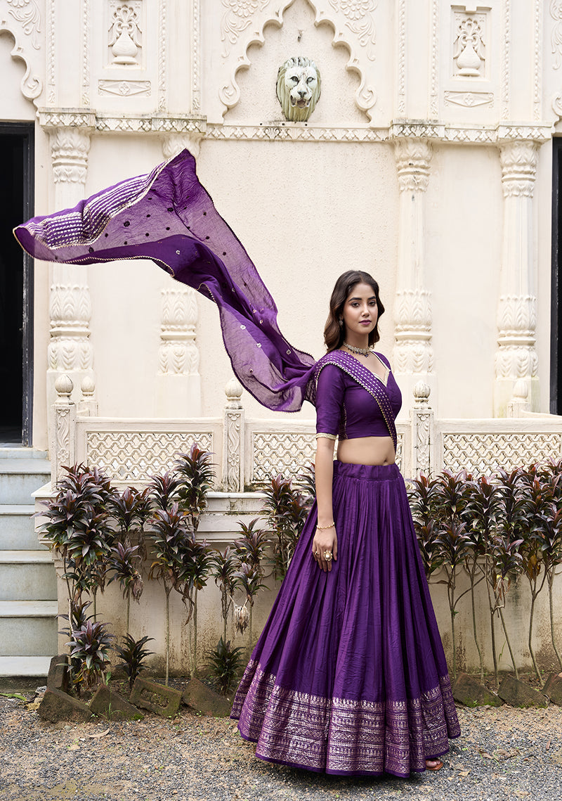 PURE CHANDERI LEHENGA WITH ZARI WORK BORDER & SEQUIN DUPATTA