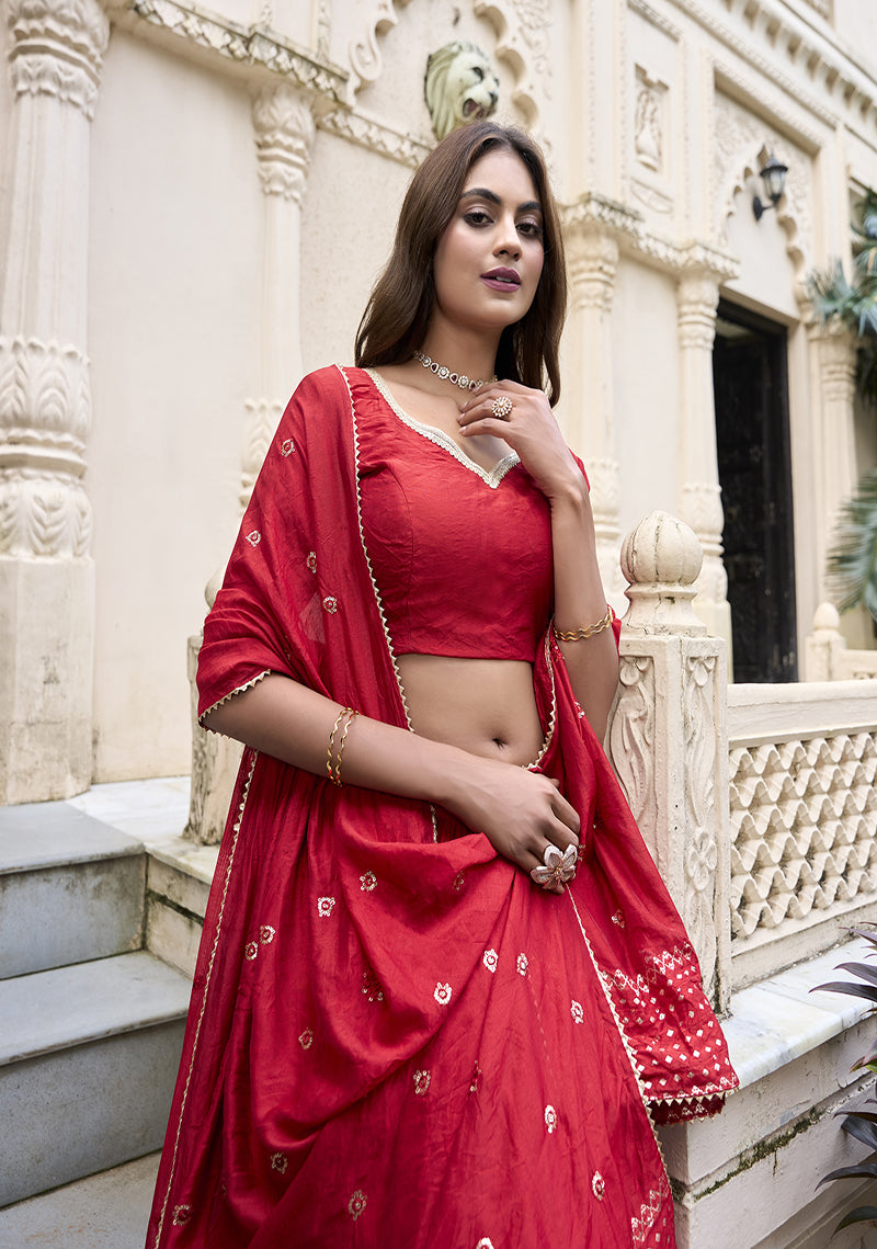 PURE CHANDERI LEHENGA WITH ZARI WORK BORDER & SEQUIN DUPATTA