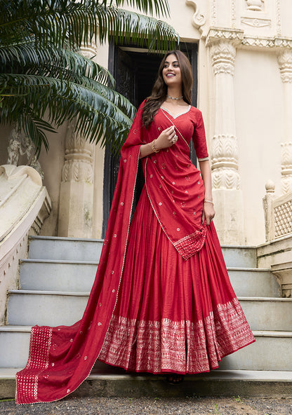 PURE CHANDERI LEHENGA WITH ZARI WORK BORDER & SEQUIN DUPATTA