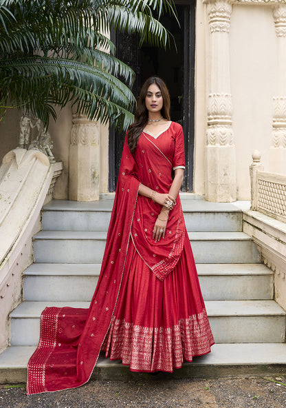 PURE CHANDERI LEHENGA WITH ZARI WORK BORDER & SEQUIN DUPATTA