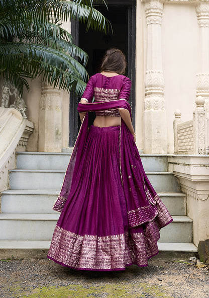 PURE CHANDERI LEHENGA WITH ZARI WORK BORDER & SEQUIN DUPATTA