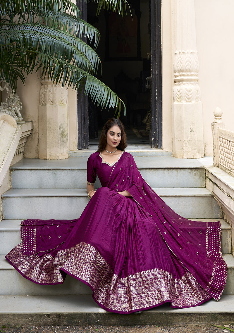 PURE CHANDERI LEHENGA WITH ZARI WORK BORDER & SEQUIN DUPATTA