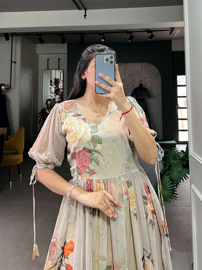 ELEGAN OFF WHITE FLORAL PRINTED GEORGETTE DRESS