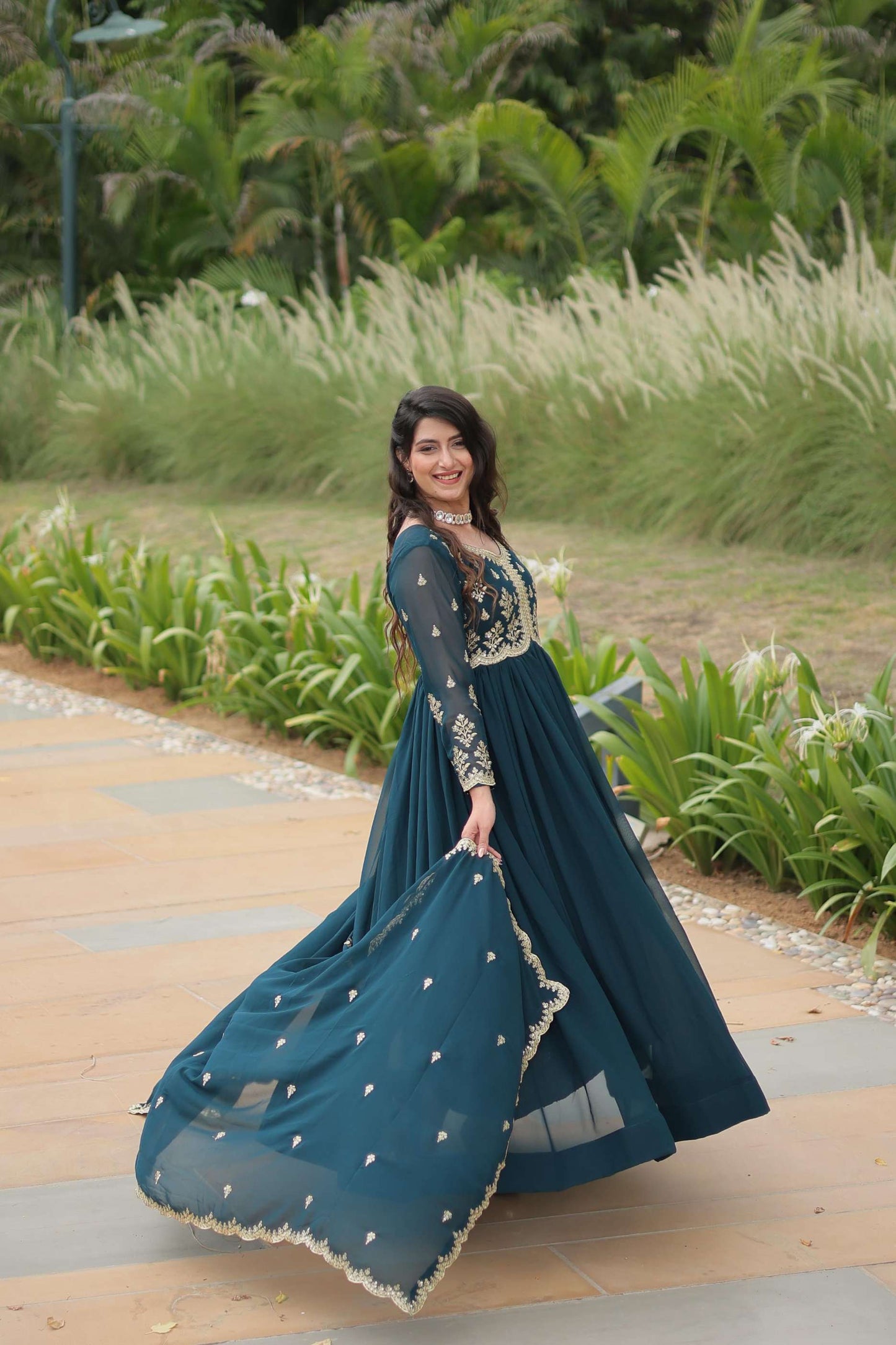 FAUX BLOOMING GOWN WITH SEQUIN AND MULTI EMBROIDERED DETAILING