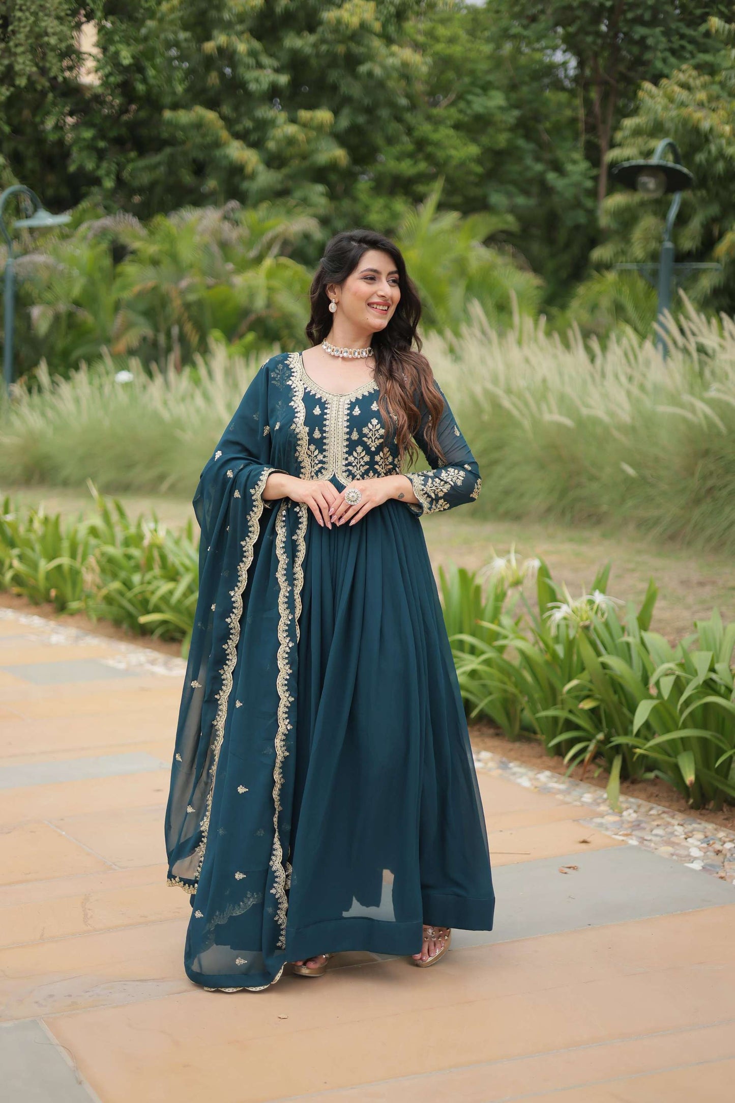 FAUX BLOOMING GOWN WITH SEQUIN AND MULTI EMBROIDERED DETAILING