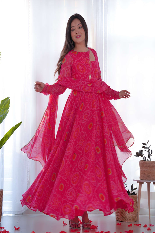 DESIGNER CHIFFON BANDHEJ GOWN SET FULLY FLARED WITH DUPATTA & PANT