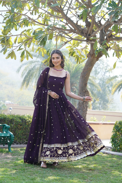 ROUND NECK DESIGNER READYMADE EMBROIDERED WORK GOWN