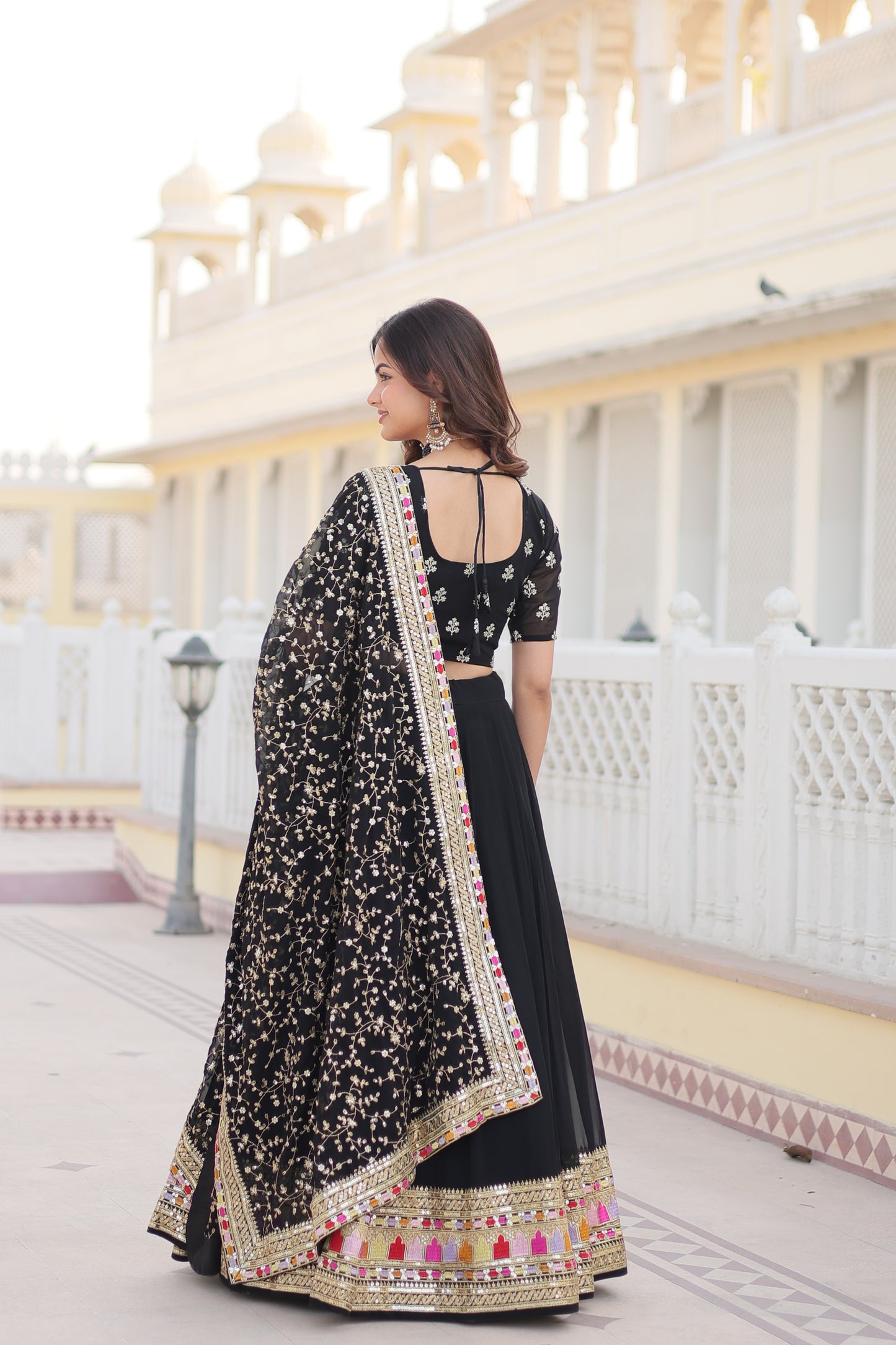 Trending Black Embroidered Fully Flaired Georgette Lehenga Choli With Duppata Set