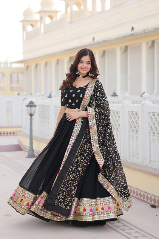 Trending Black Embroidered Fully Flaired Georgette Lehenga Choli With Duppata Set