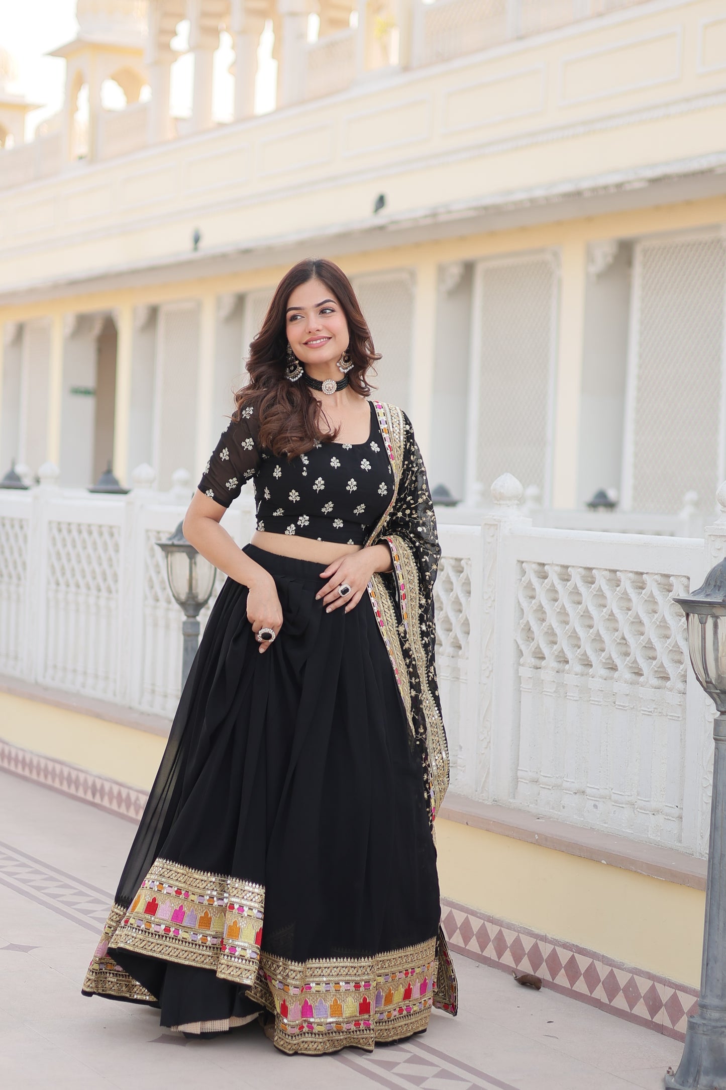 Trending Black Embroidered Fully Flaired Georgette Lehenga Choli With Duppata Set