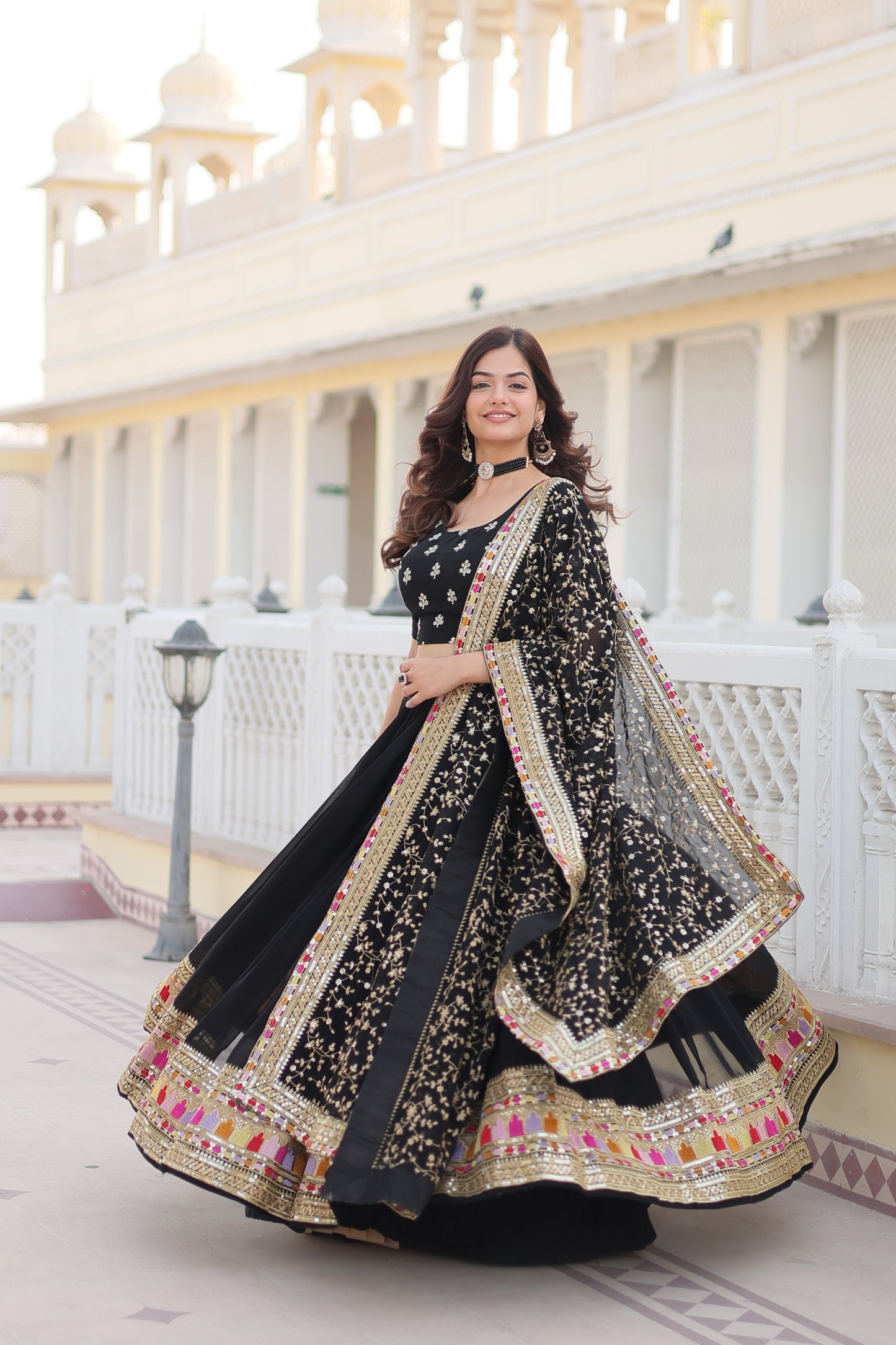 Trending Black Embroidered Fully Flaired Georgette Lehenga Choli With Duppata Set