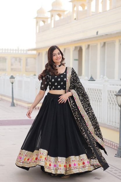 Trending Black Embroidered Fully Flaired Georgette Lehenga Choli With Duppata Set