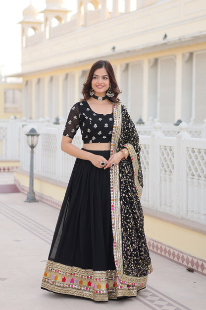 Trending Black Embroidered Fully Flaired Georgette Lehenga Choli With Duppata Set