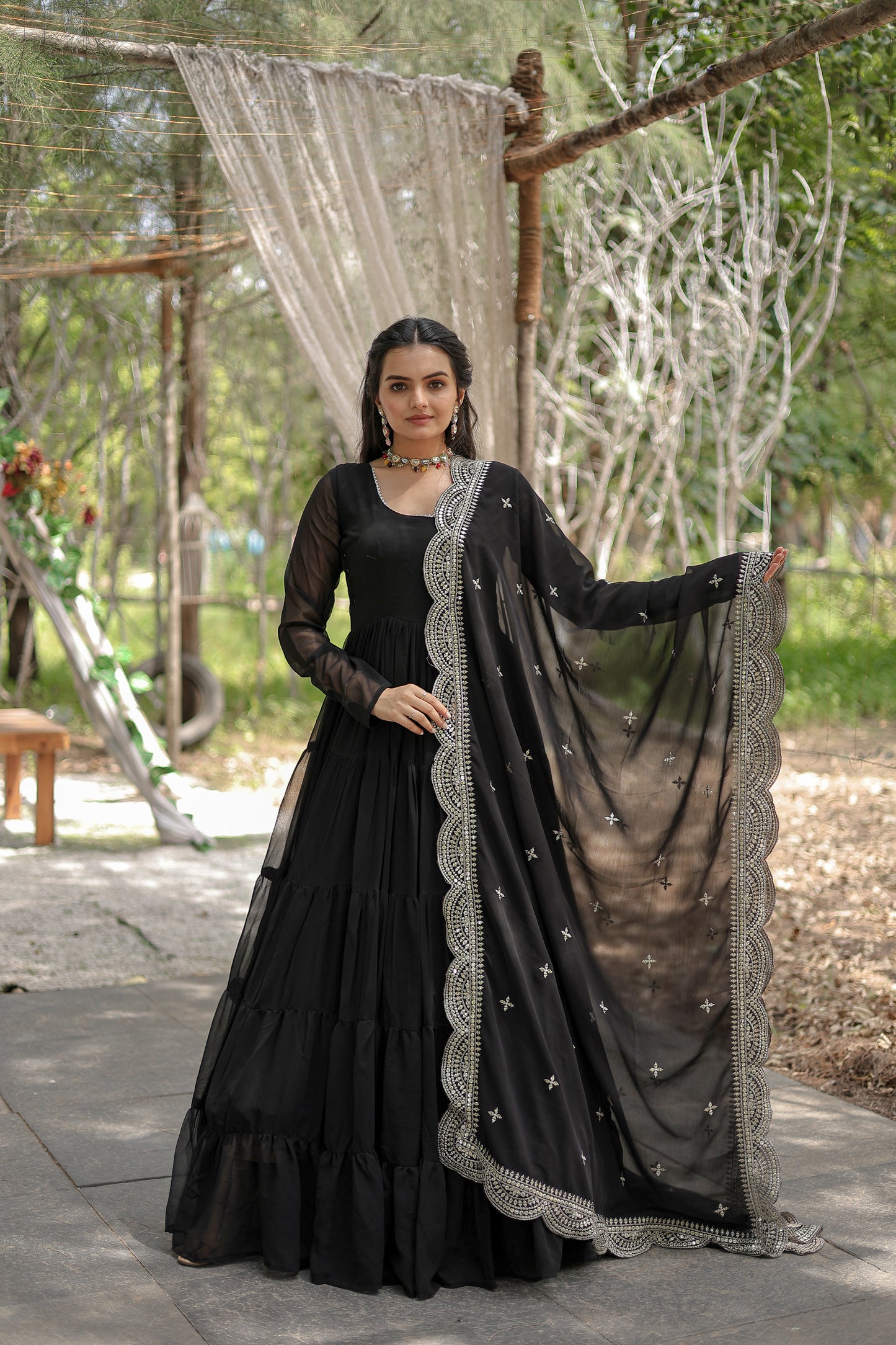 STYLISH WOMEN TIERED GOWN WITH DUPATTA SET