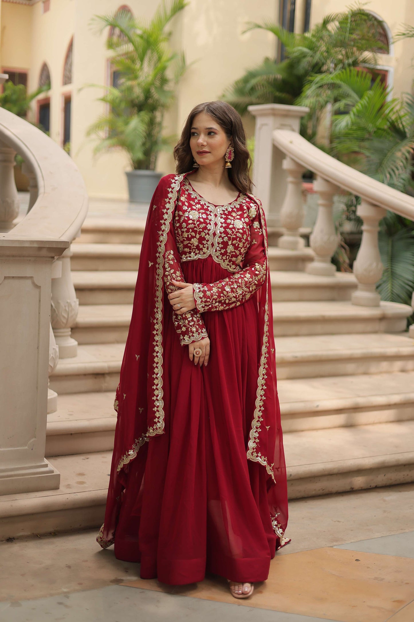 FAUX BLOOMING GOWN WITH SEQUINS AND MULTI-COLOR EMBROIDERY